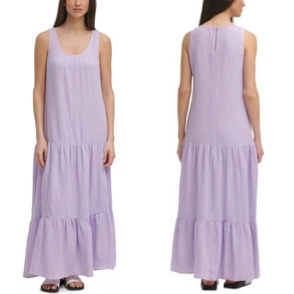 New! Calvin Klein Women's Gauze Tiered Maxi Dress Purple, size‎ XS - Picture 1 of 15